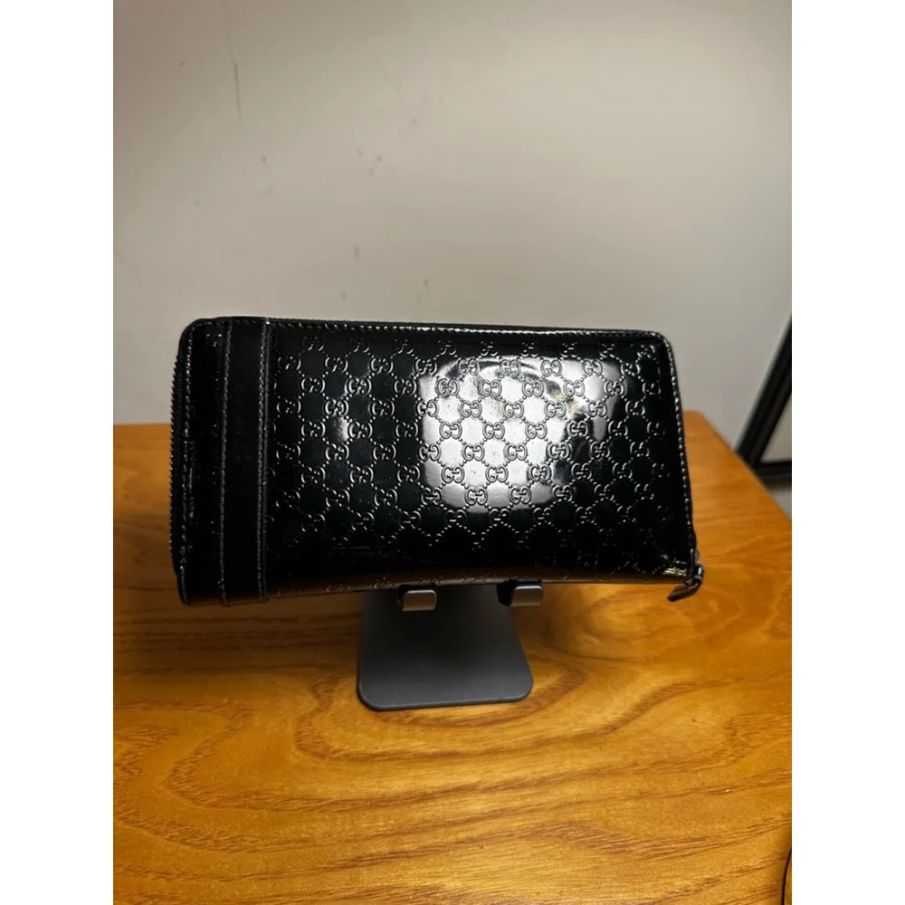 Gucci Black Monogram Patent Leather Long Zip Wallet w/ Horsebit Detail - Picture 2 of 9
